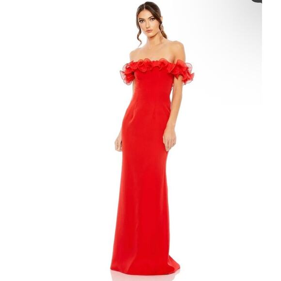red cold shoulder ruffle detail maxi dress Antique Rose Coast Long Sleeve Cold Shoulder Ruffle Detail Maxi Bridesmaid  Dress